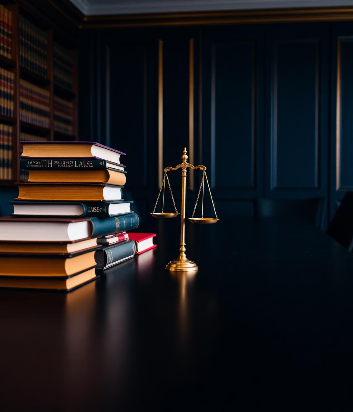 Mesa de trabalho com livros jurídicos e balança da justiça